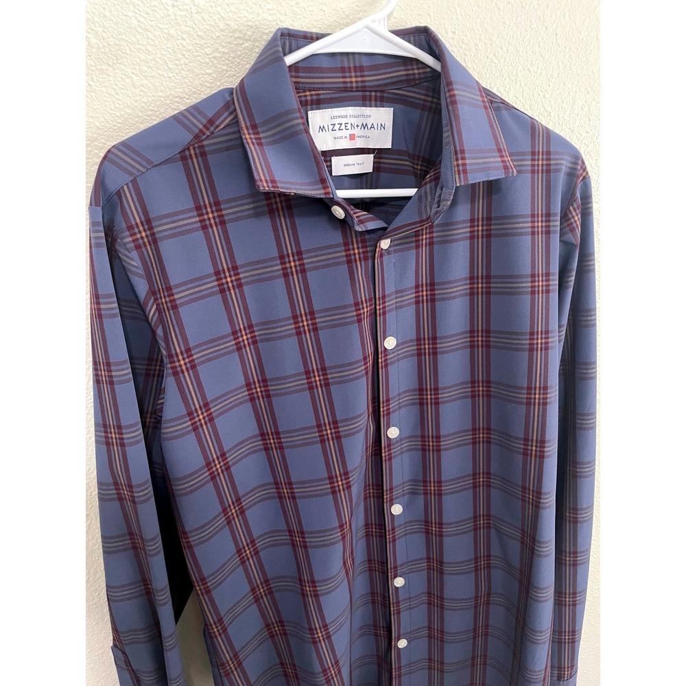 Mizzen+Main Button Down Shirt Mens‎ Medium Blue Plaid Excellent Leeward Trim Fit